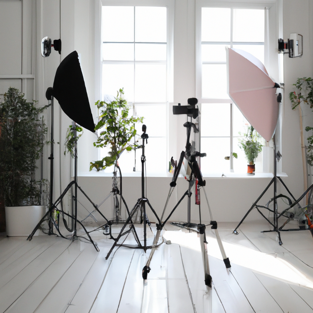 Sunlit modern photo studio in Toronto with large windows, wood floors, cameras and tripods
