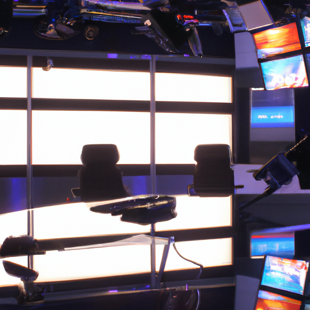 Modern minimalist Canadian news studio with LED walls, glass desk and 4K cameras in Toronto