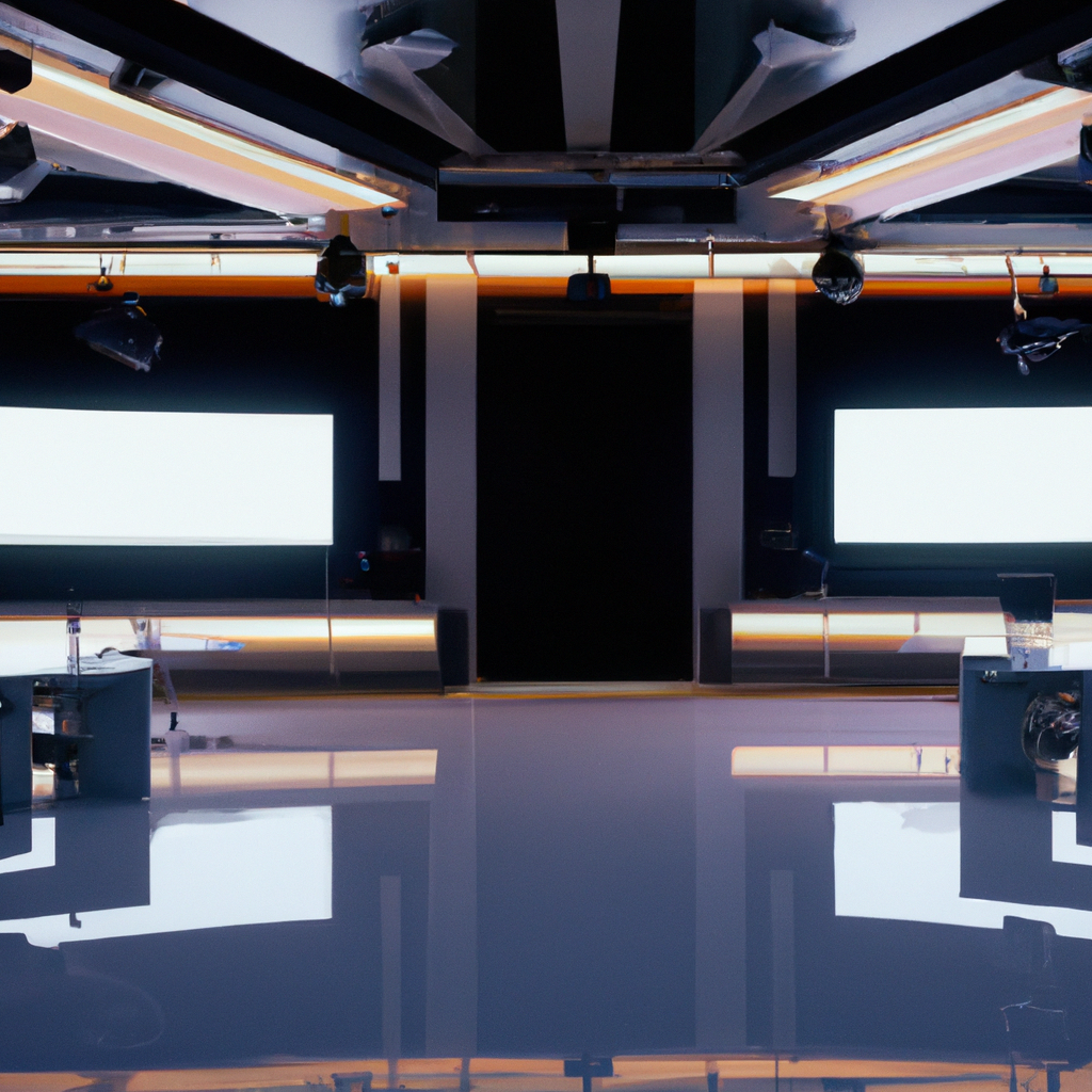 Minimalist glass newsroom with soft maple accents and broadcast lighting, ultra-wide composition